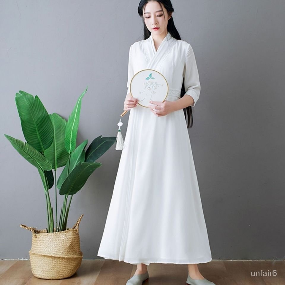 Buddhist Monk Clothes 中国风茶服中式改良旗袍汉元素防晒收腰雪纺连衣裙禅服仙气古风白mres Shopee Malaysia