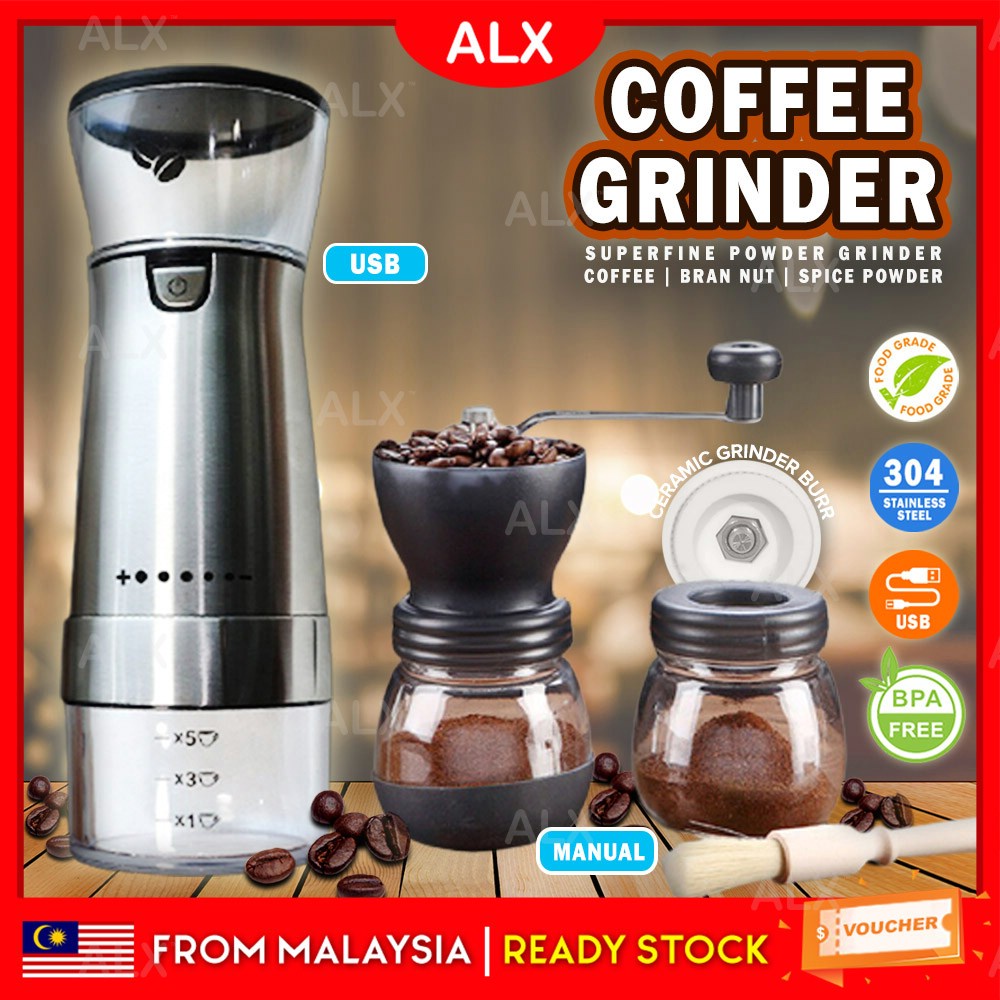 ALX 304 Stainless Steel Ceramic Burr Coffee Bean Grinder USB Rechargeable Electric Auto/Manual Pengisar Kopi 咖啡豆研磨机