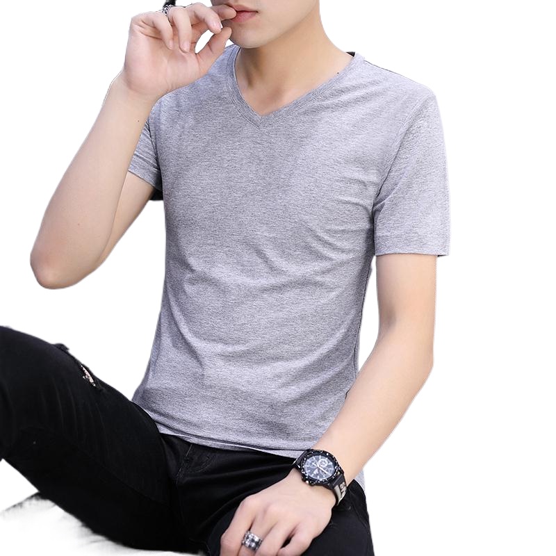 2022 Summer New Cotton T-Shirt Men S Short-Sleeved V-Neck Slim Korean Version Of The Trend Bottoming Shirt Body White Ha