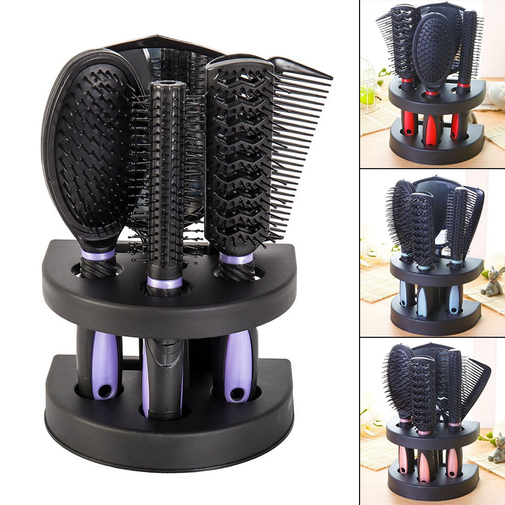 5 Pcs Women Hair Brush Massage Comb Holder Set With Mirror | Shopee Malaysia