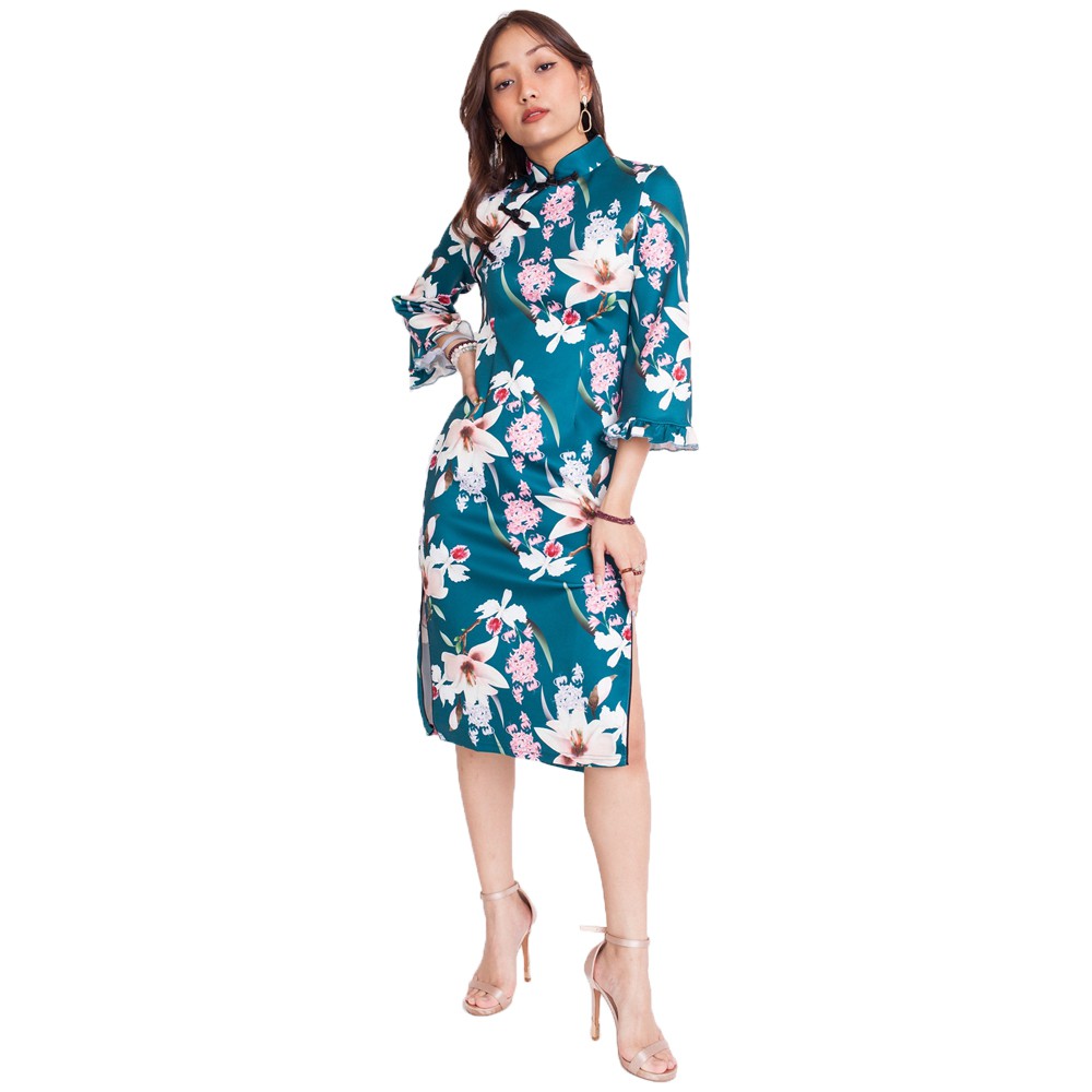 Long Sleeve Green Floral Cheongsam