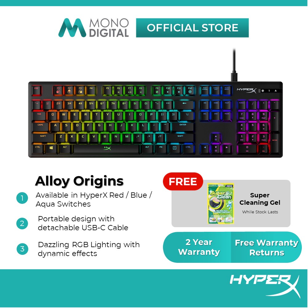 HyperX Alloy Origins RGB Mechanical Gaming Keyboard (Red/Aqua/Blue Switches) (Free Cleaning Gel)