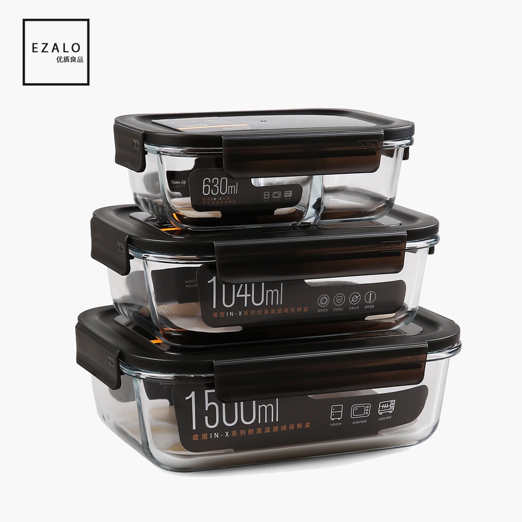 EZALO/JX High Borosilicate Glass Rectangle  Storage Container Compartment Airtight Lunch Box (400ml/630ml/1040ml/1500ml)