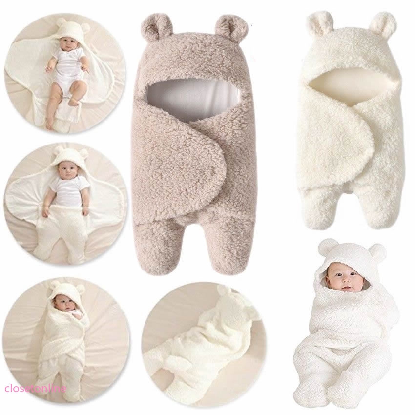 Newborn Baby Hooded Wrap Sleeping Bag Fleece Teddy Bear Soft Swaddle Blacket Kain Bedung