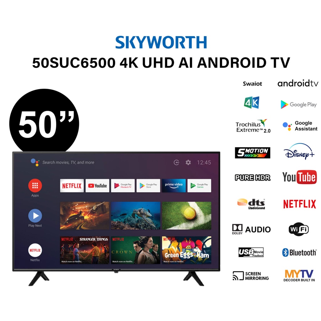 Skyworth 50" Premium 4K UHD Android 10.0 YouTube Netflix TV With Google Assistant 50SUC6500 Android TV Smart TV