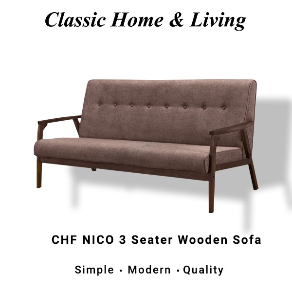 CHF NICO 3 Seater Wooden Sofa / Solid Wood Frame / Thick and Comfortable Fabric - BROWN