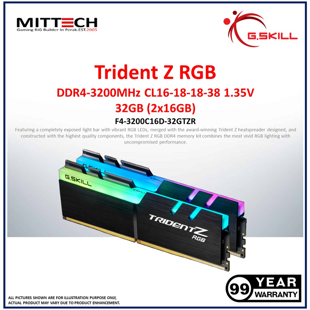 G Skill Trident Z Rgb Ddr4 Ram 30mhz Cl16 18 18 38 1 35v 32gb 2x16gb F4 30c16d 32gtzr Shopee Malaysia