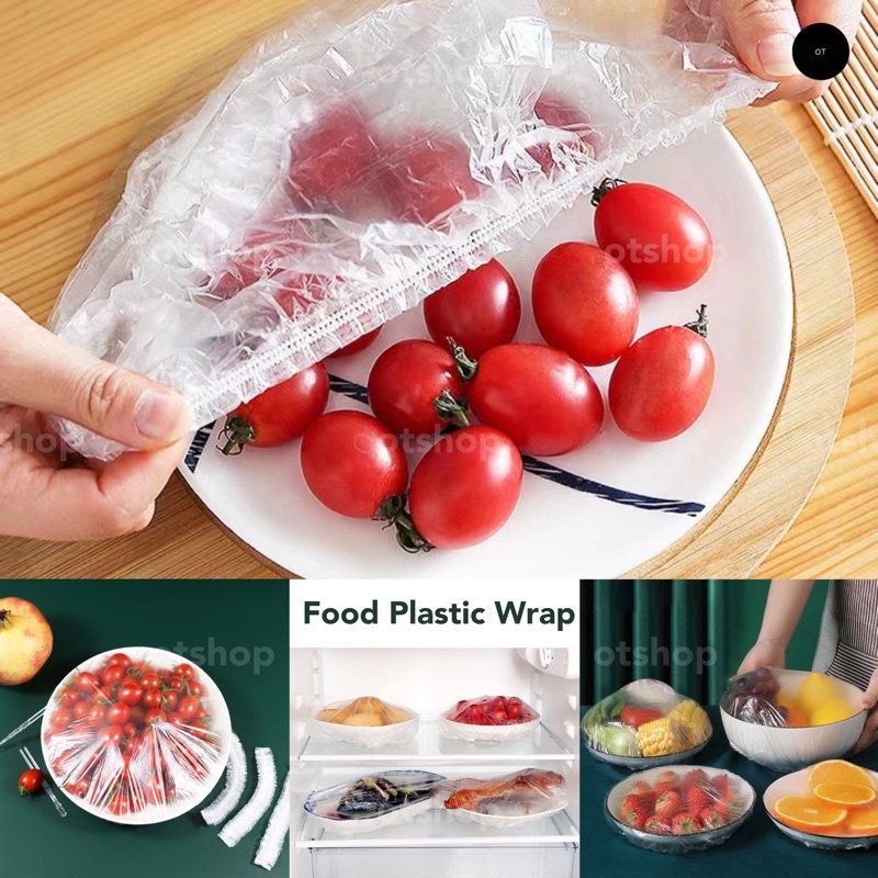 100pcs Disposable Food Cover Plastic Sealing Caps Simpan Peti Sejuk Pakai Buang Penutup Makanan Restoran Gerai Makan