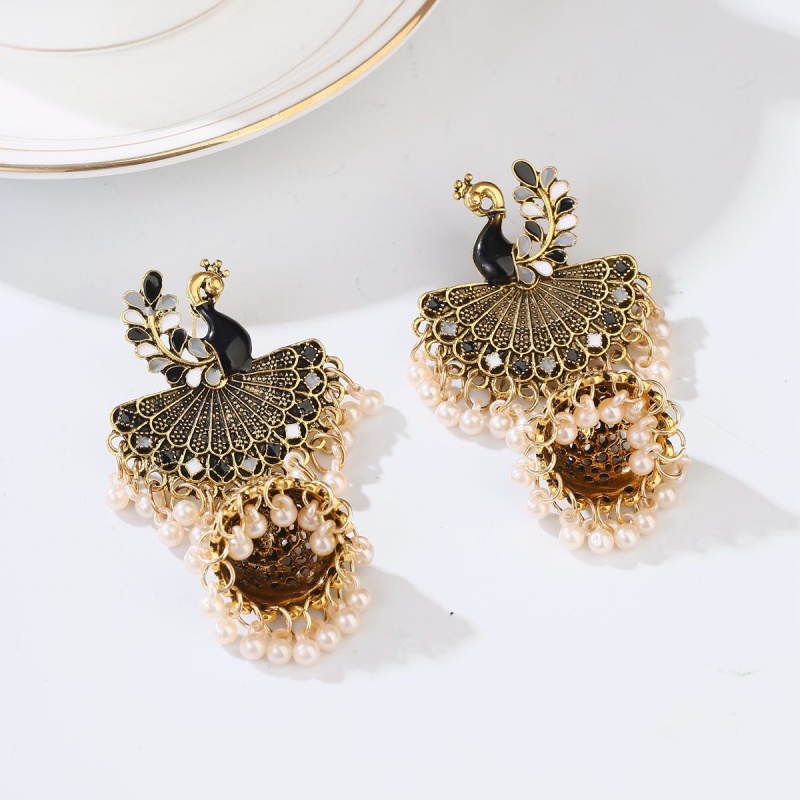 Peacock Indian Jhumka Earrings for Women Bohemian Retro Gold Color Bell Pearl Beads Hollow Tibetan Earrings