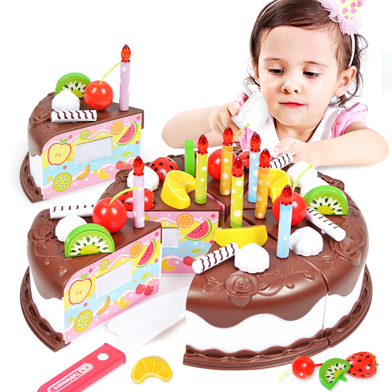 37pcs DIY Birthday Chocolate Fruit Cake Children Pretend Play Celebratory Cut Food Blow Candle Kitchen Toys Mainan Kanak