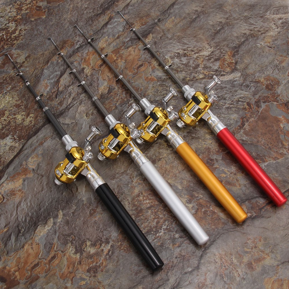 Fishing Rods Mini Portable Pocket Fish Pen Aluminum Alloy Fishing Rod Pole Reel Combos Golden 1M 