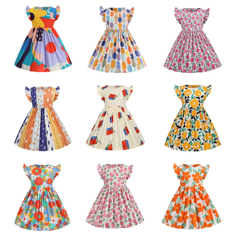 2022 Summer New Baby Girl's Dress Flower Print Cotton Kid's Short Sleeve Dresses Floral Clothes Children's Wear 2-6Years