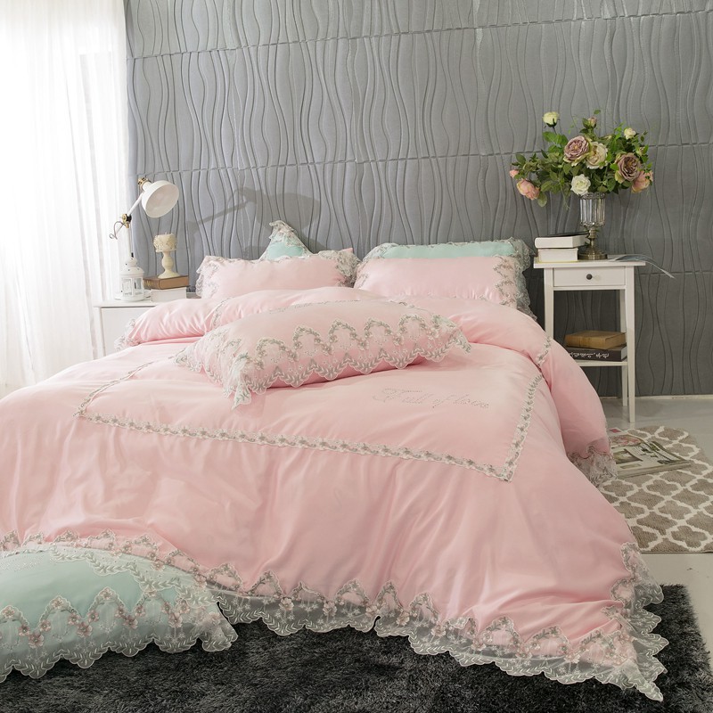Pink Green Princess Cotton Lace Bedding Set Queen King Size Bed