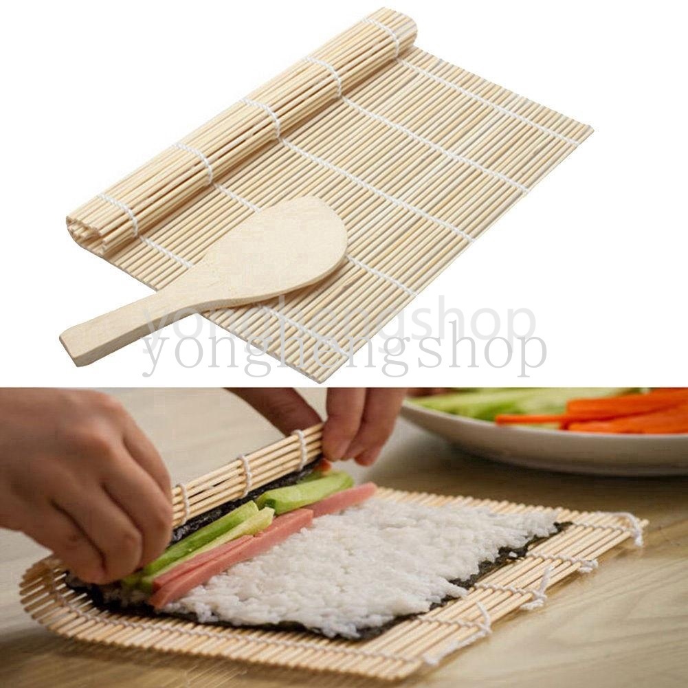 Sushi Roll Maker Rolling Mat with Rice Paddle Set DIY Rice Bento Mold Bamboo Non Stick Rice Ball Maker Sushi Making Tool