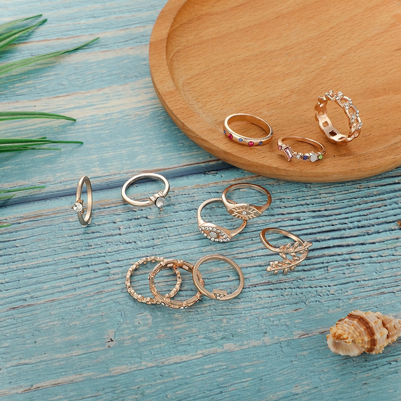 Set di anelli combinati con strass colorati, triangolo creativo, 11 pezzi/set_voghion.com