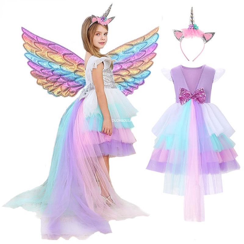 New Year Dresses 2022 Sequin Dress Unicorn Party Girl Dress with Tail Kids Princess Colorful Birthday Party Children's Dress