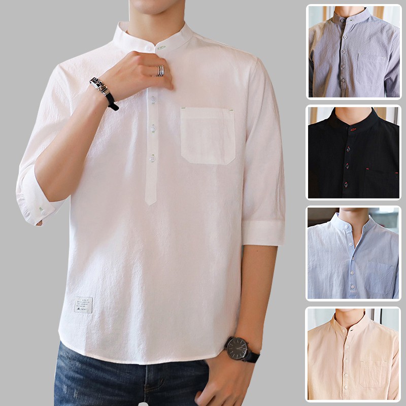 Men Shirt Linen Cotton Kurta Lelaki 3/4 Sleeve Baju Kemeja Lelaki Slim ...