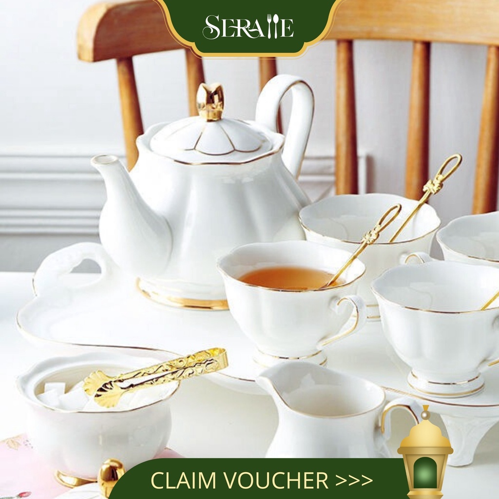 Seralle Signature Porcelain White Tea Set English Style White Gold