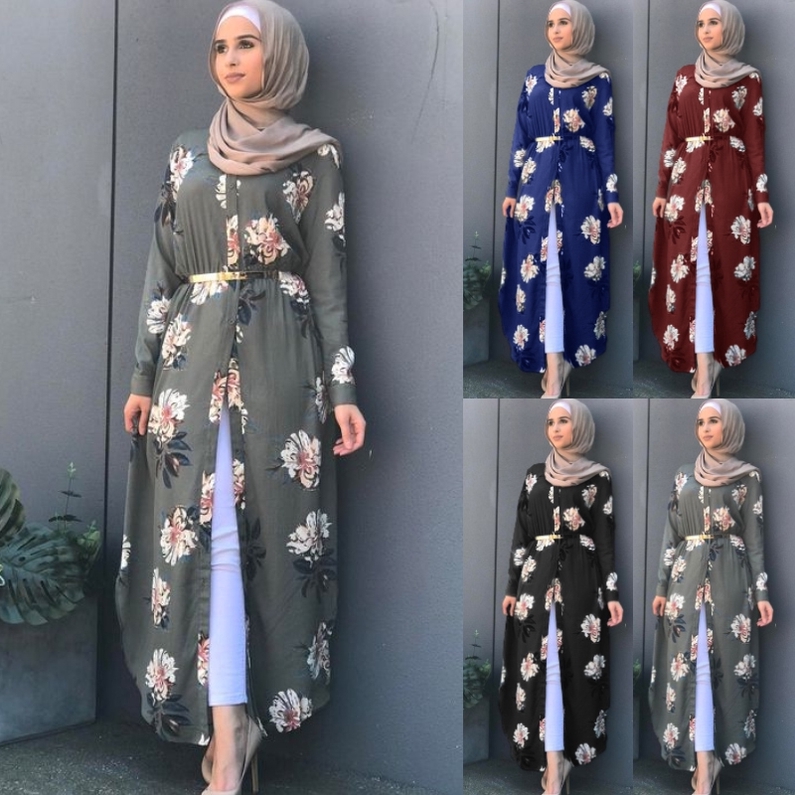 Women Muslim  Fashion Flower  Printed Maxi Dress  Baju  Muslim  