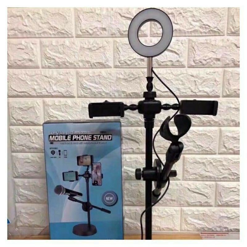Mobile Phone Stand with 6(16cm) Inch LED Ringlight and 2 Phone Holder & Mic Holder For Live
