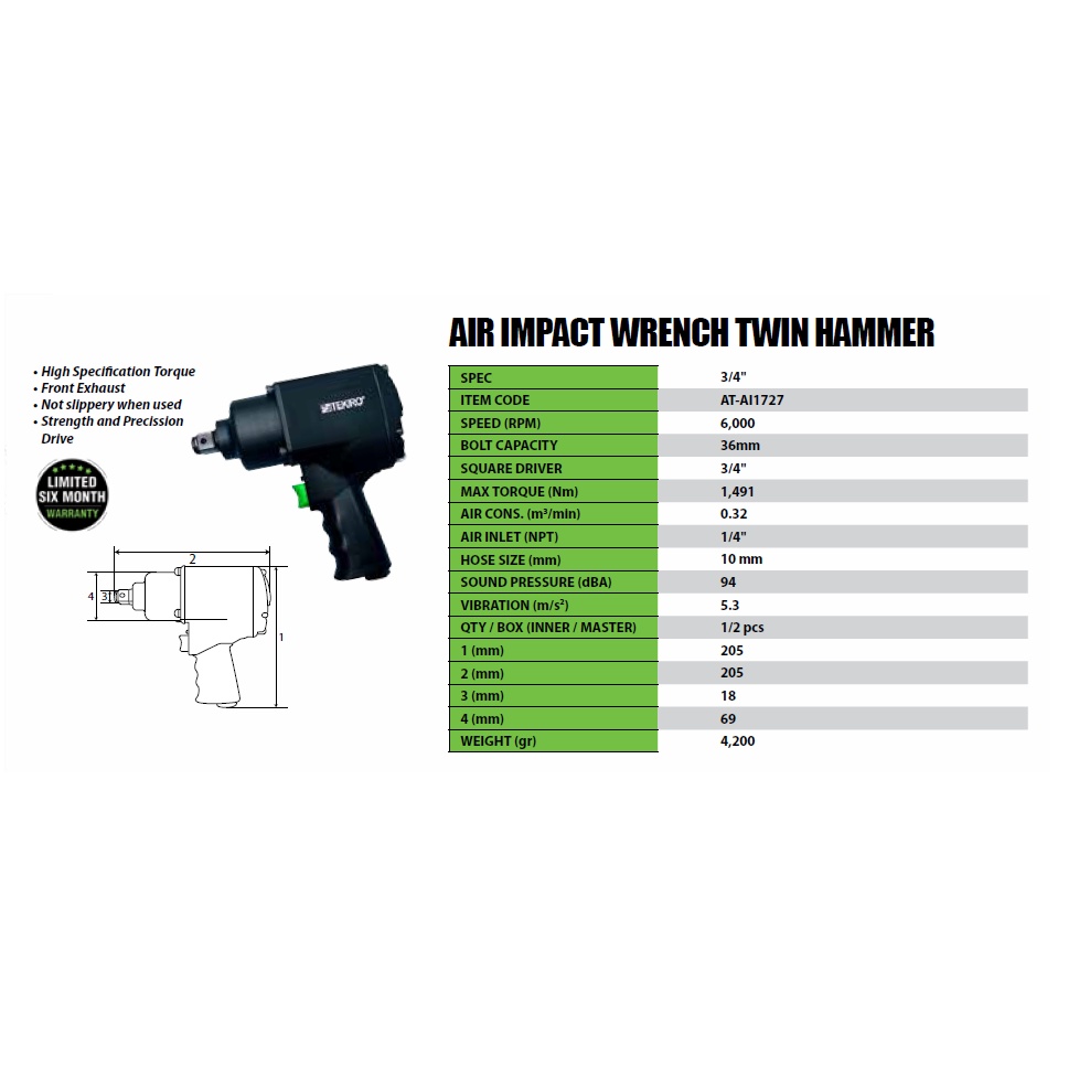 TEKIRO 3/4" DR Air Impact Wrench Twin Hammer ( ATAI1727 ) Shopee