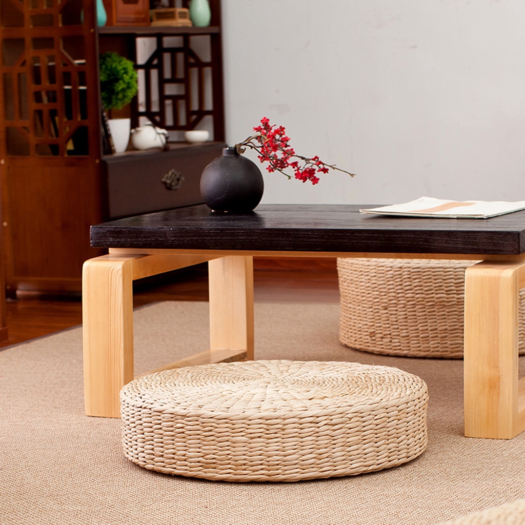 [amlesoMY] Round Straw Woven Tatami Cushion Floor Pouf Meditation Seat Mat Japanese Natural Yoga Seat Pad Handmade Kowtow Mat Ottoman Home Decor Couch Pillow Seating Cushions