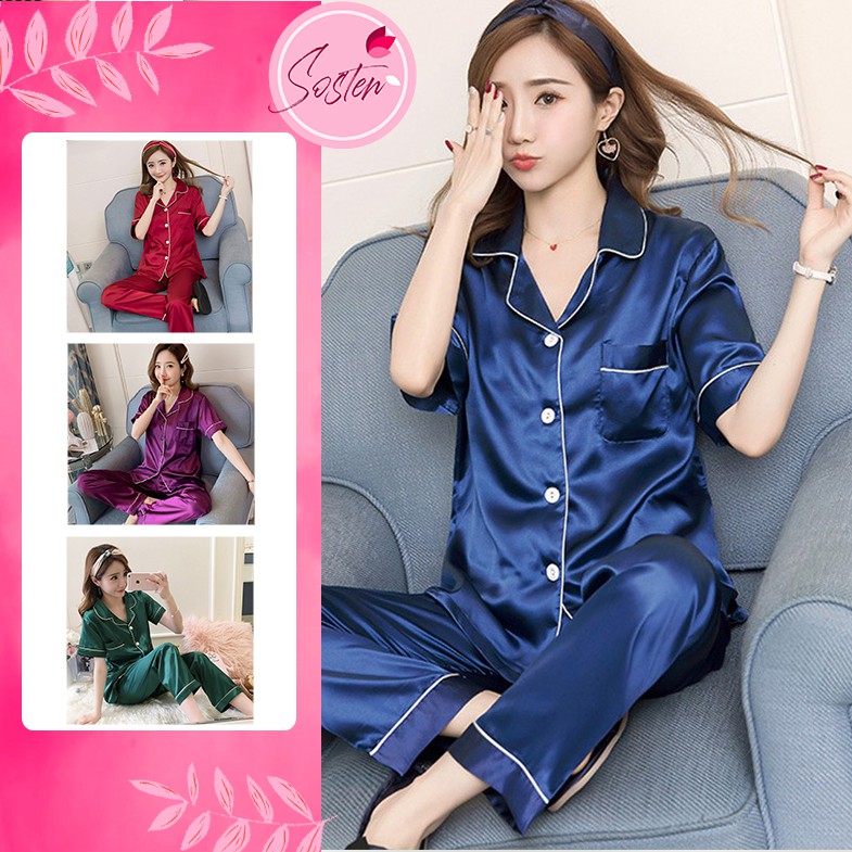 Ready Stock St144 Smooth Silk Satin Pajamas Set Unisex Short Sleeve Sleepwear Satin Nightwear Baju Tidur Licin Shopee Malaysia