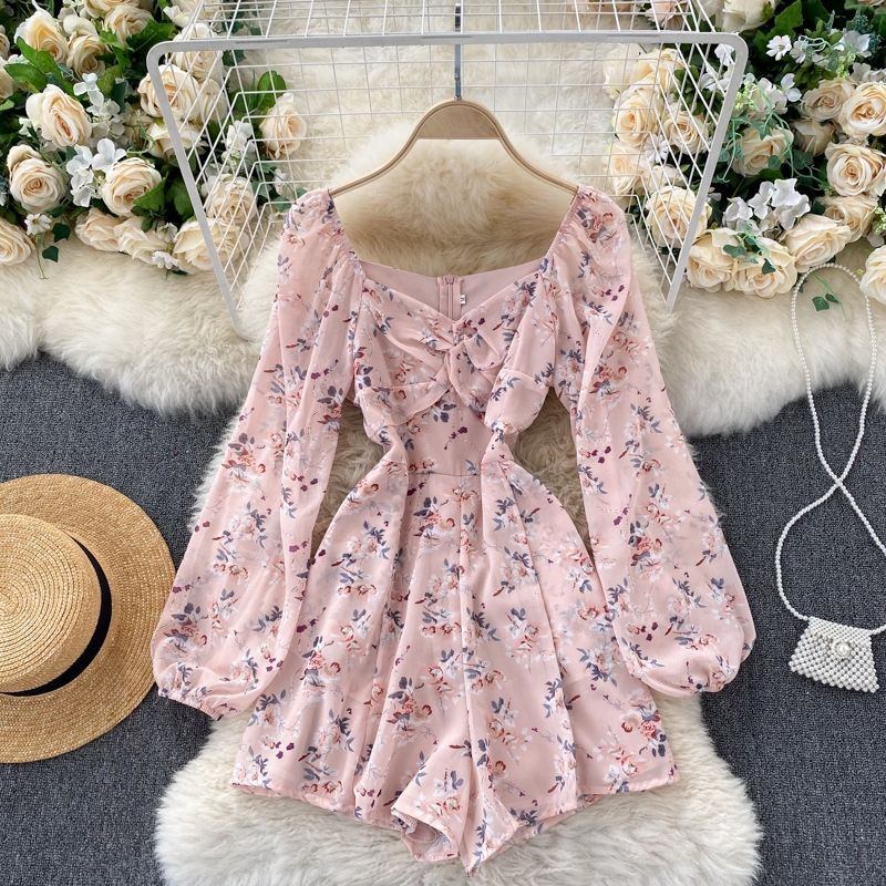 Korean Version Of The New Autumn And Winter One Piece V Neck Puff Sleeves Folds Breasts Floral Wide Leg Pants Shopee Malaysia