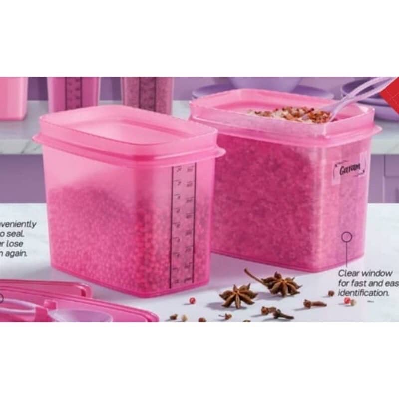 thumbnail interactive-video image 1 of Tupperware Shelf Savers Set Of 2 Dark Red Containers With Spoons – Dry Food Storage 1 of 6