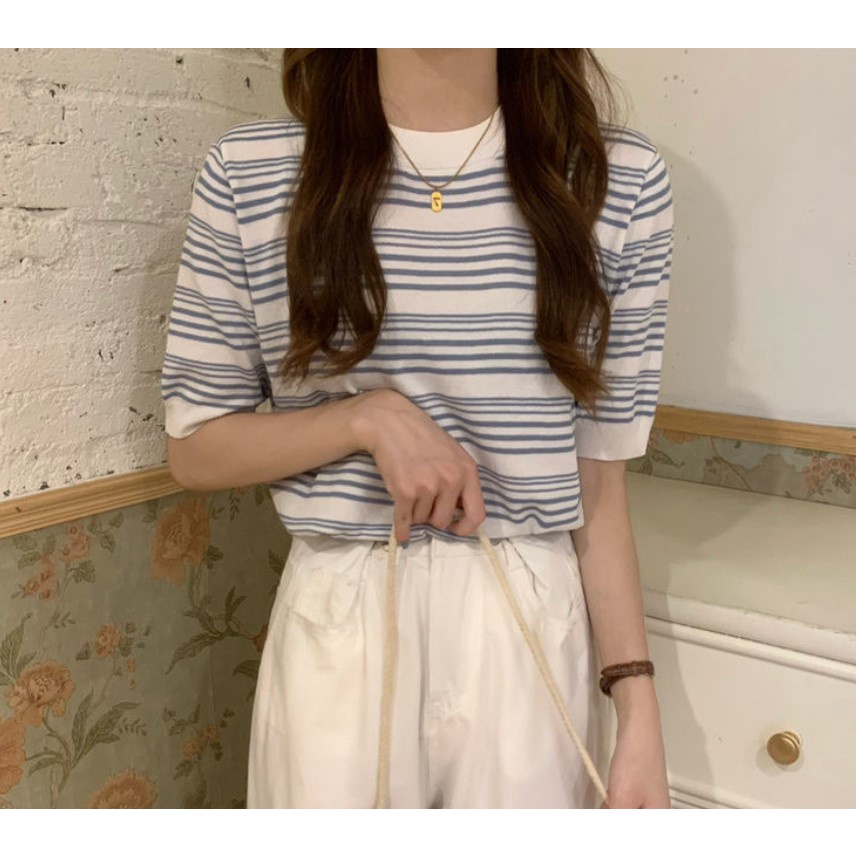 SA6022 -M'SIA Stok Sedia Fesyen Baju Wanita.Ready Stock Knitted Material Women Top 条纹宽松t恤短袖针织衫