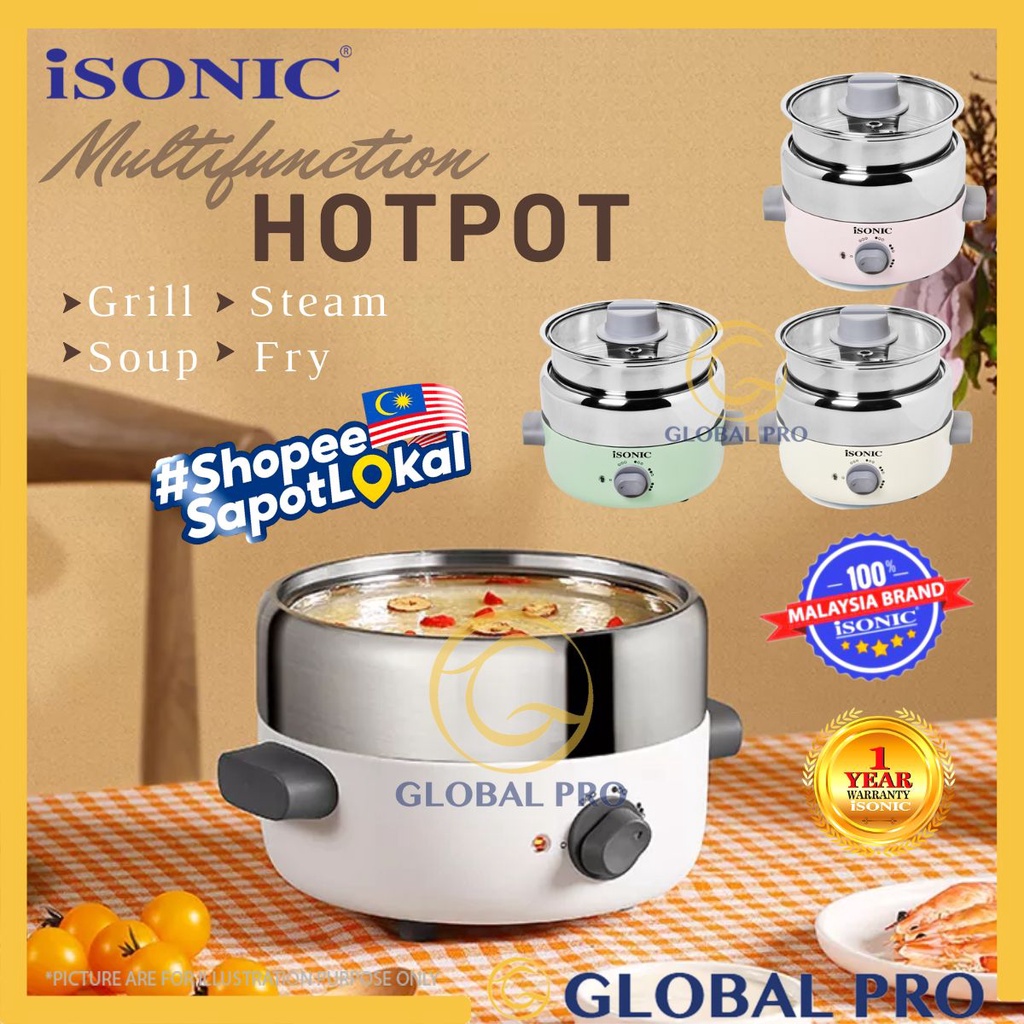 ISONIC 1.2L Multi Cooker Pot Steam Mini Cooker Grill Electric Pot Hot Pot Soup Steamboat Pot Electric Dapur Memasak