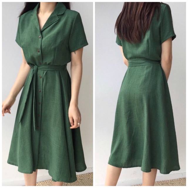 Moss green shirt dress with waist tie in 2 colors xuongvnxk vnxk (with real pictures)