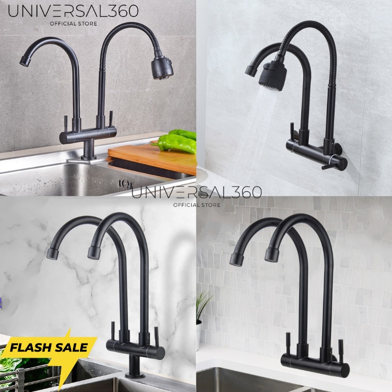 Double Faucet Kitchen Sink Flexible Wall Tap SUS304 Stainless Steel