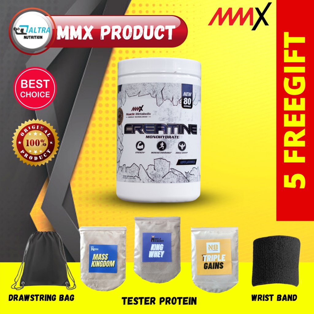 MMX CREATINE 80 SERVINGS FREE GIFT WRIST BAND, DRAWSTRING BAG, TESTER