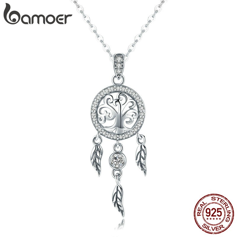 Bamoer 925 Sterling Silver Dream Catcher Zircon Dangle Pendant Necklace