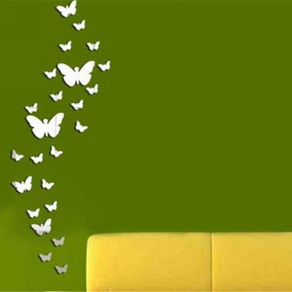 25pcs Butterfly Silver Acrylic Mirror Wall Sticker 3d Diy Art Home