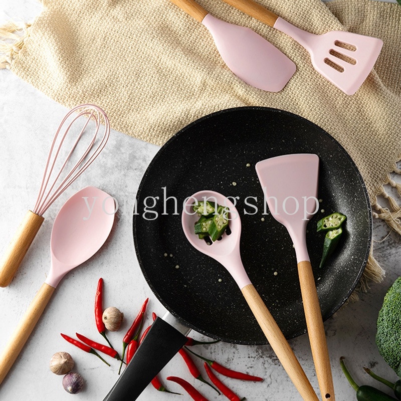 Creative Wooden Handle Non-Stick Silicone Kitchenware Pink Soup Spoon Spatula Brush Scraper Pasta Egg Beater Kitchen Cooking Tool