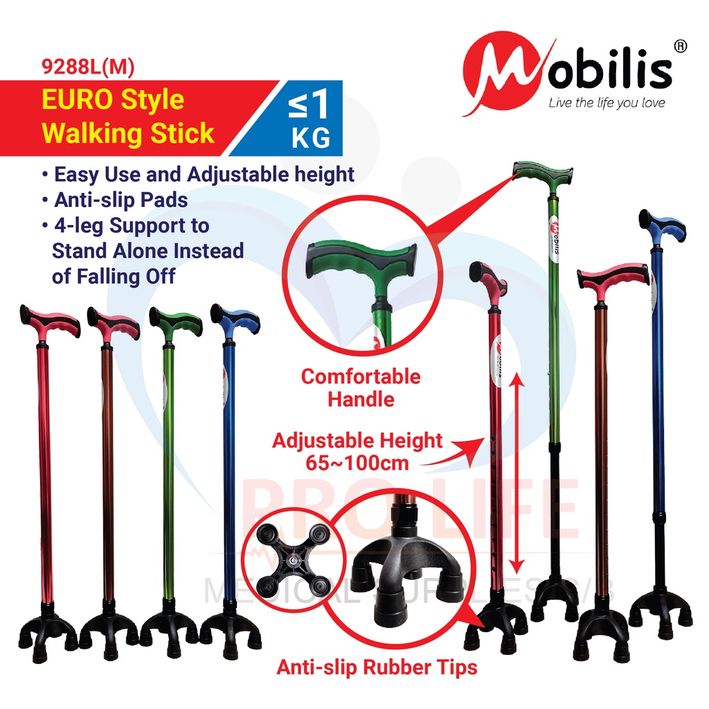 Mobilis EURO Style Walking Stick MO-9288L(M) with FOUR leg Tongkat 4 kaki