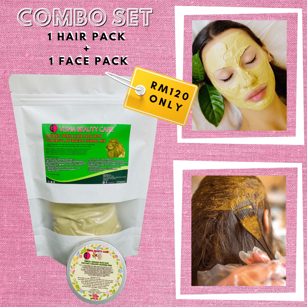 Combo Set (1 Herbal Organic Henna Hair Treatment Powder + 1 Herbal Organic  Face Pack Powder ) - 100% KKM Certified | Shopee Malaysia