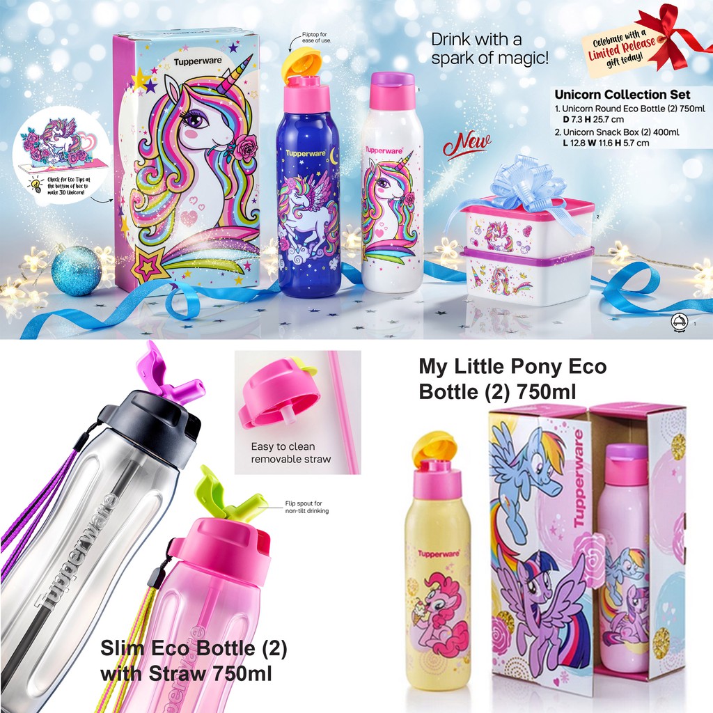 Tupperware Slim Eco Bottle with Straw (750ml) /Mickey & Minnie Set / Unicorn Collection Set / My Little Pony Eco Bottle