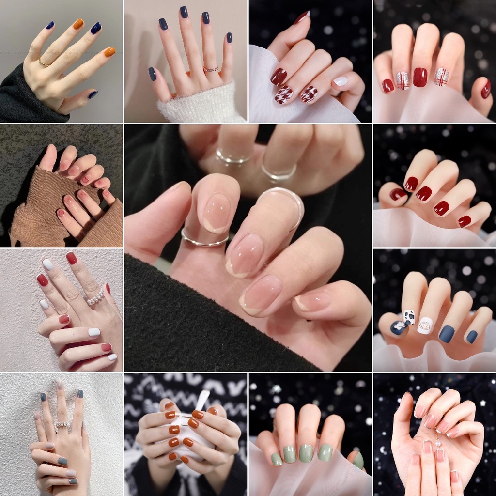 ❤️(READY Stock)❤️24Pcs Fresh Lovely Fashion Fake Nails Natural Skin Color Finished Nail Patch Pink Fake Nails With Glue Sticker Red Short Fake Nails Wearable provide glue in the bo