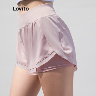 Image of Lovito Solid Sporty Loose Quick-Drying Mid Waist 2-in-1 Shorts L04004 (Pink/Black)