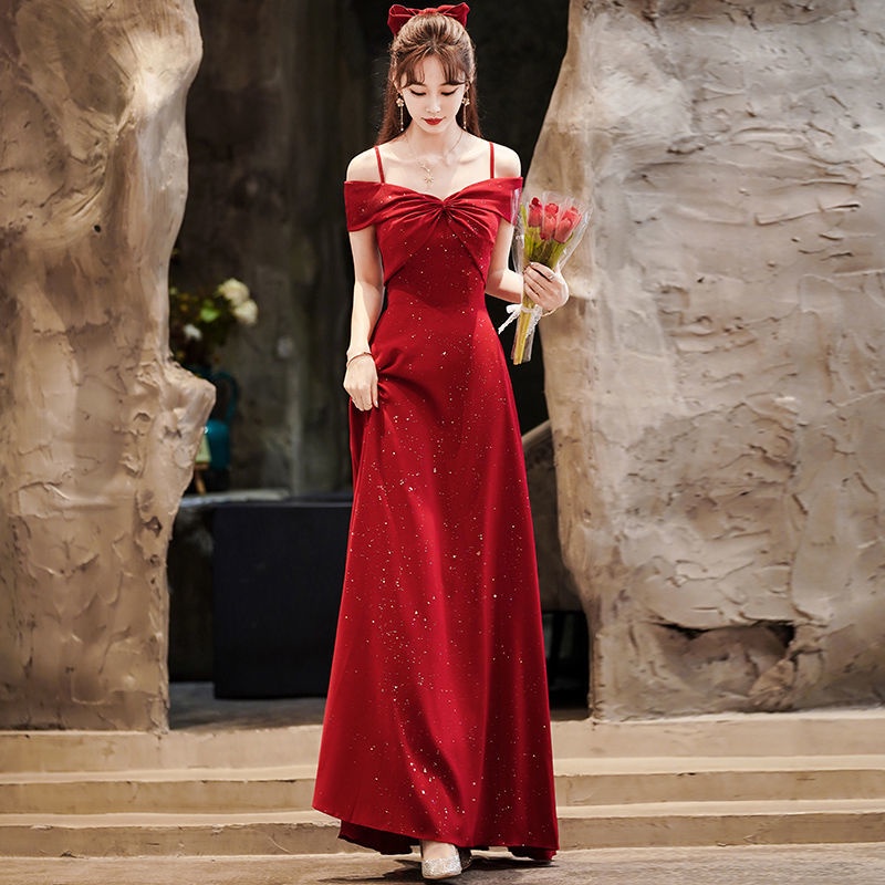 Ready Stock Sling Toast Dress Bride Wine Red Wedding Engagement Evening Female