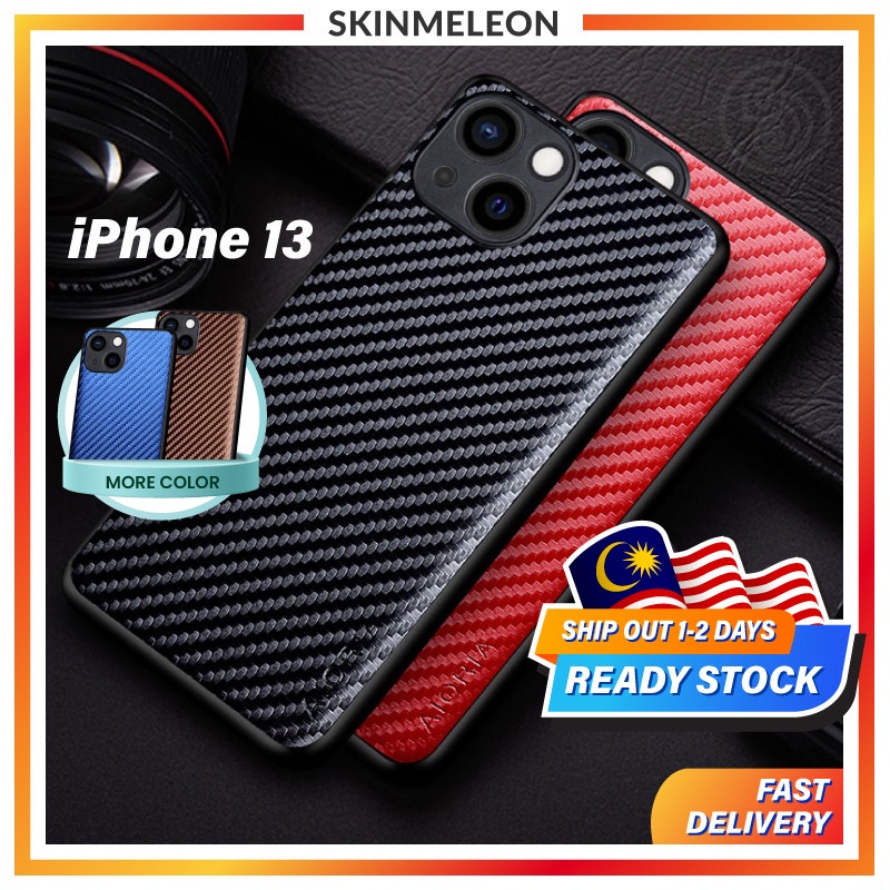 SKINMELEON Casing iPhone 13 Case Carbon Fibre Pattern PU Leather Casing Camera Protection Cover Phone Case