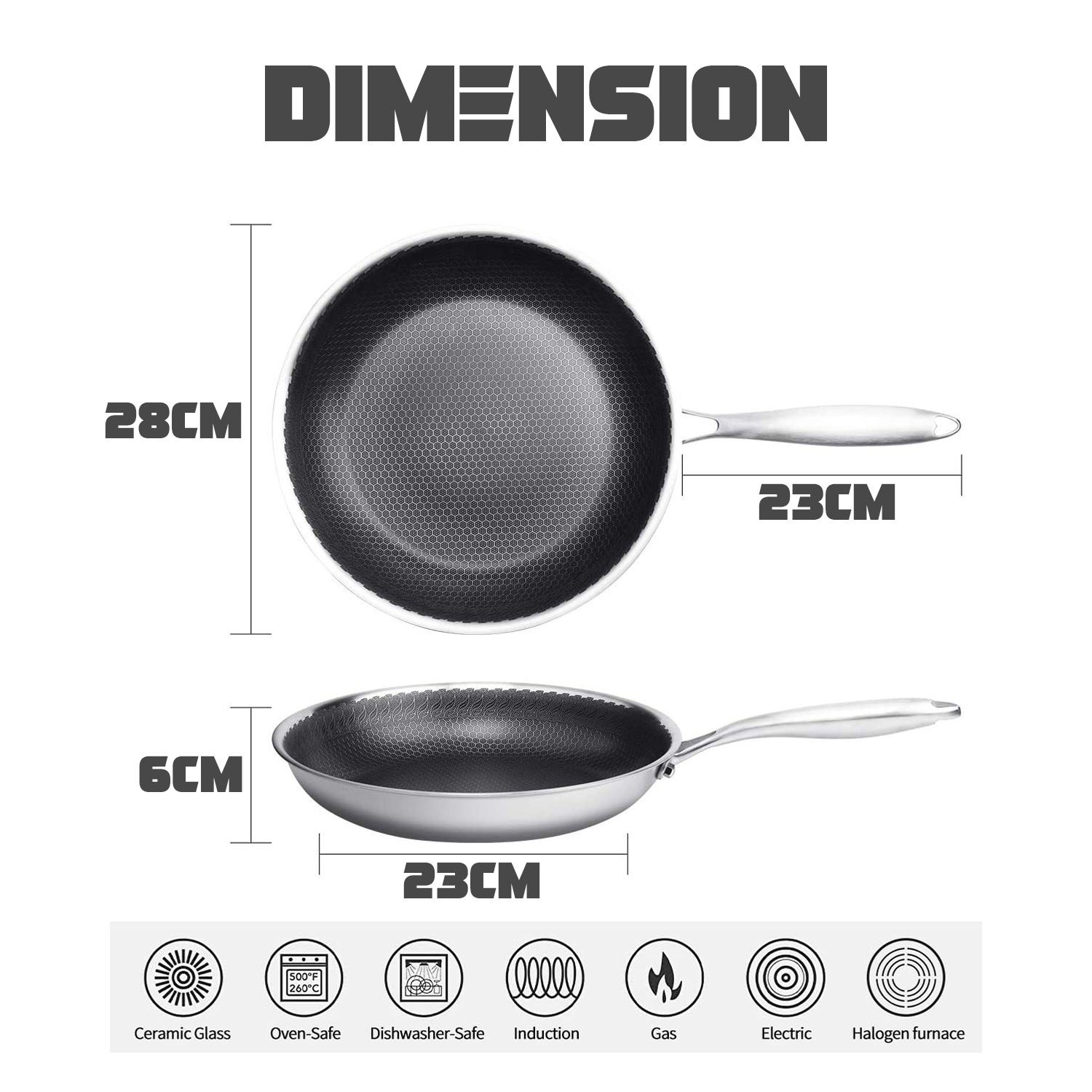 28CM / 30CM 3 LAYER STAINLESS STEEL FRYING PAN WITH GLASS LID MULTIPURPOSE NON-STICK HONEYCOMB FRYING PAN