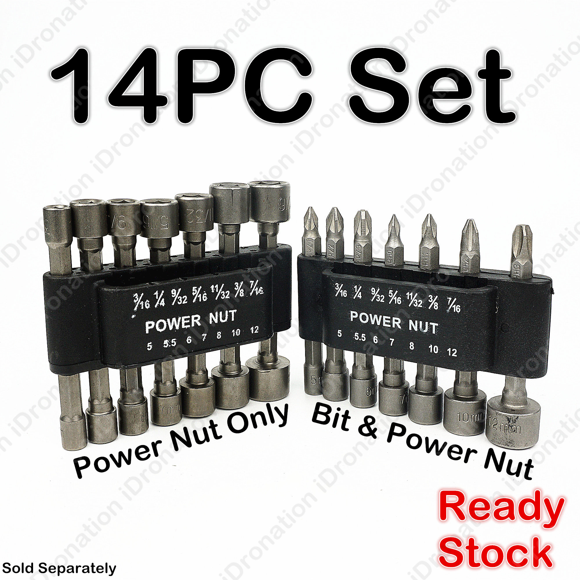 14pcs 14PC MM INCH Power Nut Bolt Driver Drill Tool Bit Adapter 1/4