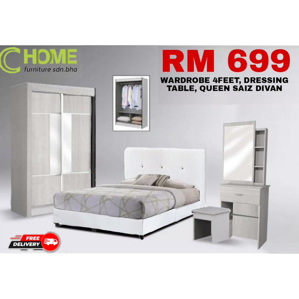Ready Stock Chome 4ft Full Set Wardrobe Divan Bed Dressing Table Mattress Shopee Malaysia