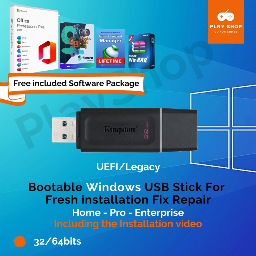 [32Gb Original] Windows 10 Pro Bootable Master Pendrive USB W/ ??? ????? Reinstall Reboot
