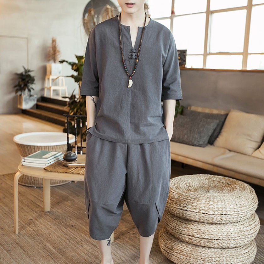 Chinese style cotton and linen suit men's 2020 new summer men's short-sleeved T-shirt summer V-neck linen two-piece tren
