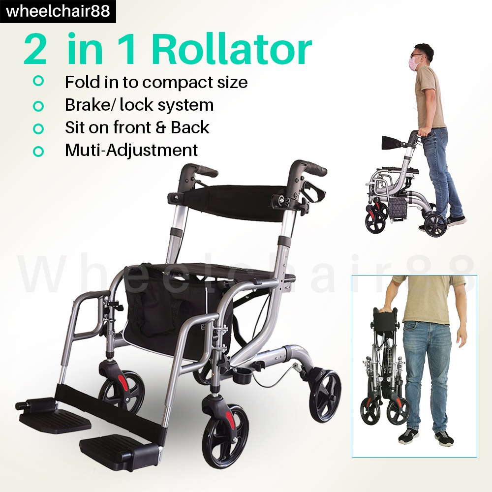 2 in 1 Rollator / 2合1 助行車, Aluminum Frame, Foldable, Equips with hand  brakes and brake locks, Adjustable Footrest | Shopee Malaysia